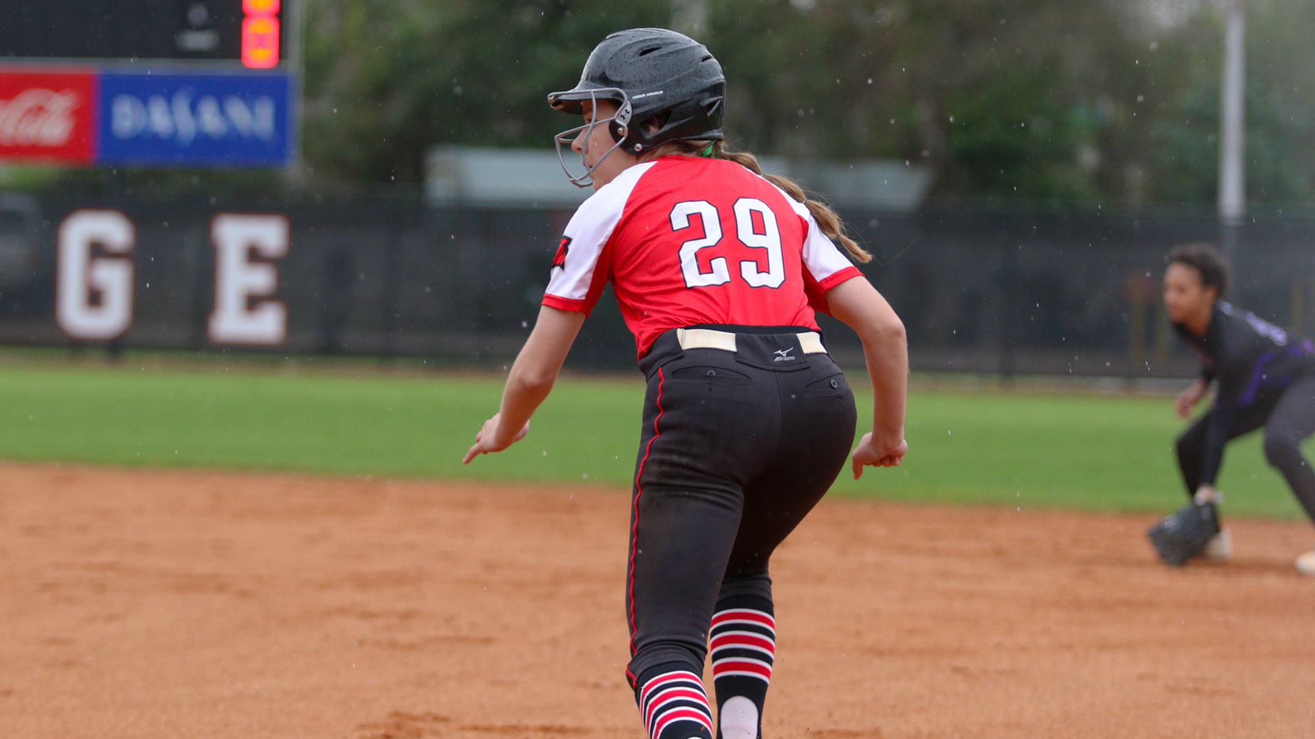 Lindsey Swearngin and LaGrange battled through heavy rain and multiple lightning delays before the first game of a doubleheader with Wesleyan was halted due to the severe weather.